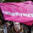 A person holding a large pink flag with the hashtag #FREEBRITNEY at a protest event. A person holding a large pink flag with the hashtag #FREEBRITNEY at a protest event.