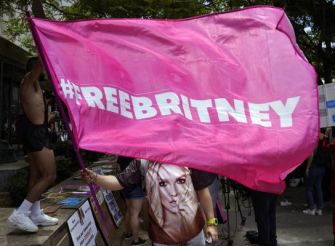 A person holding a large pink flag with the hashtag #FREEBRITNEY at a protest event.