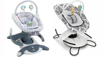 Two Fisher-Price baby products, the 4-in-1 Rock ’n Glide Soother and the 2-in-1 Soothe ’n Play Gliders, which have been recalled due to safety concerns.
