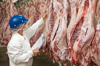 A worker in a meatpacking facility examines meat hanging on hooks, while taking notes on a clipboard.
