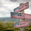 Signpost with "Build Back Better" written on it, featuring the American flag design. Signpost with "Build Back Better" written on it, featuring the American flag design.