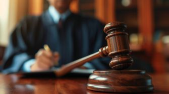 A judge in a courtroom with a gavel and legal documents in front of him.