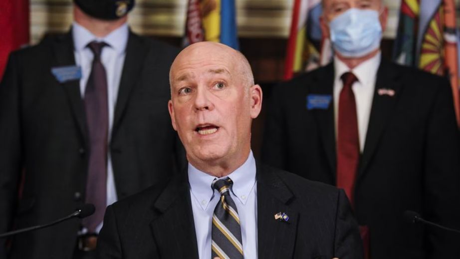 In this Feb. 10, 2021 file photo Montana Gov. Greg Gianforte speaks with the press in the State Capitol in Helena, Mont.(AP) By The Associated Press