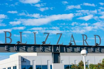 Exterior view of the Blizzard Entertainment headquarters under a blue sky with clouds.