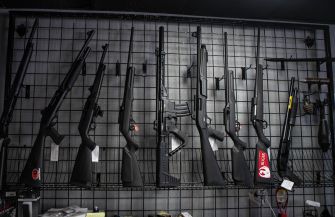 A display of various firearms mounted on a wall in a gun shop.