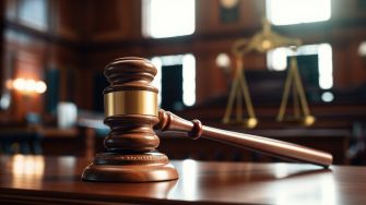 A wooden gavel on a court bench with scales of justice in the background, symbolizing the legal proceedings related to juvenile justice.