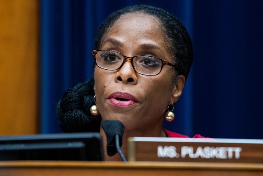 Del. Stacey Plaskett, D-V.I., asks a question during a House Oversight and Reform Committee hearing on Aug. 24. (Tom Williams/CQ Roll Call file photo)