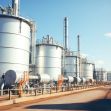 Industrial gas storage tanks and pipelines at a natural gas facility under a clear blue sky. Industrial gas storage tanks and pipelines at a natural gas facility under a clear blue sky.