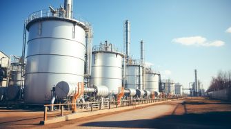 Industrial gas storage tanks and pipelines at a natural gas facility under a clear blue sky.