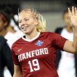 Stanford goalkeeper Katie Meyer acknowledges the crowd after a national semifinal win against UCLA on Dec. 6, 2019. Meyer's parents have filed a wrongful-death lawsuit against Stanford, saying the 22-year-old goalie was distressed over facing discipline over an incident from August 2021. (Ray Chavez/Bay Area News Group/AP)