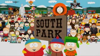 A scene from the animated series 'South Park,' featuring the main characters and a lively crowd in the background.