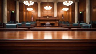 A view of an empty courtroom, highlighting the judge's bench and seating.