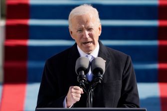 President Biden delivering his inaugural address, highlighting his commitment to addressing climate change.