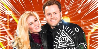 Image of reality TV stars Heidi Montag and Spencer Pratt in festive attire against a colorful background.