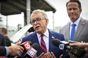 Ohio Governor Mike DeWine speaks to reporters about the new law allowing teachers to carry firearms in schools after minimal training.