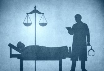 An illustration depicting a medical professional beside a patient on a hospital bed, with a scale of justice symbolizing the intersection of healthcare and legal proceedings.