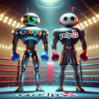 A boxing-themed illustration featuring two robotic characters representing Google and Yelp, set in a boxing ring, symbolizing their conflict over antitrust issues.