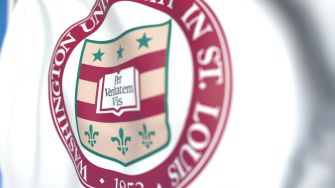 Seal of Washington University in St. Louis on a flag.