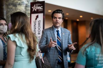 U.S. Representative Matt Gaetz speaking to a group during a public event.
