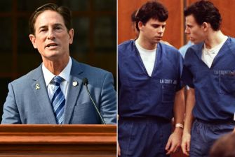 A split image featuring a man in a suit speaking at a podium, alongside Lyle and Erik Menendez in blue prison uniforms during a courtroom appearance.