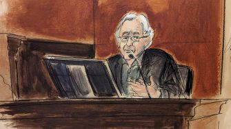 Courtroom sketch of a witness testifying during Robert De Niro's former assistant's gender discrimination lawsuit.