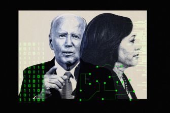 Abstract digital collage featuring two prominent political figures against a backdrop of binary code and digital elements, symbolizing the intersection of technology and political discourse.