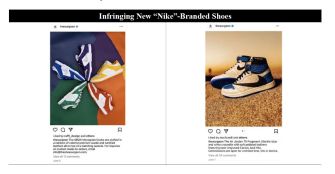 Images of custom sneakers allegedly infringing on Nike trademarks, displayed in a collage format.