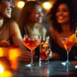 Group of friends enjoying drinks at a bar, with cocktails and a warm, festive atmosphere. Group of friends enjoying drinks at a bar, with cocktails and a warm, festive atmosphere.
