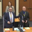 Courtroom scene from the trial of Derek Chauvin, with lawyers and a witness present. Courtroom scene from the trial of Derek Chauvin, with lawyers and a witness present.
