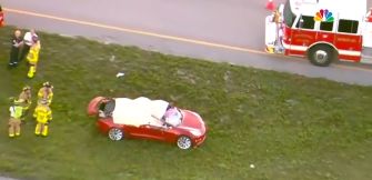 A red Tesla on the grass near a highway, surrounded by emergency responders after a crash.