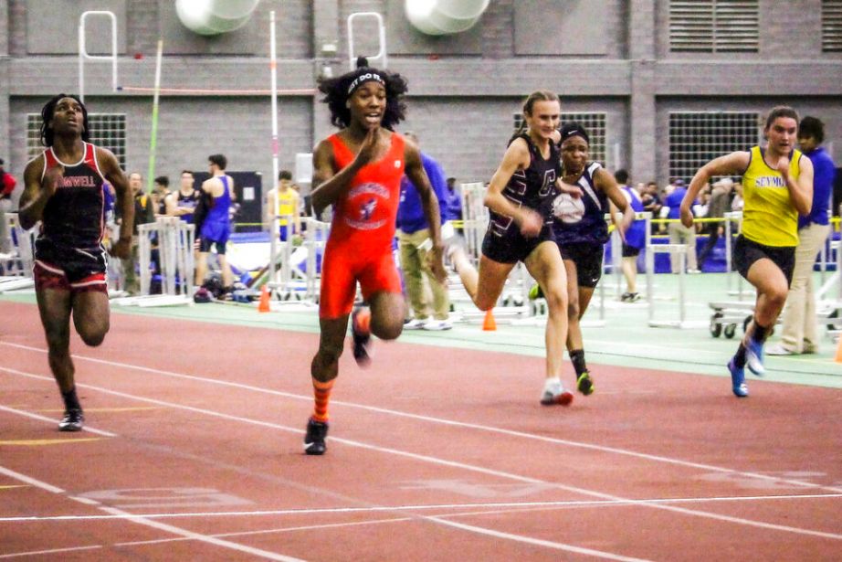 Bloomfield High School transgender athlete Terry Miller, second from left, wins the final of the 55-meter dash over transgender athlete Andraya Yearwood, far left,