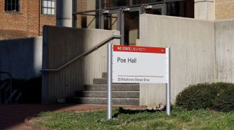 Signage for Poe Hall at North Carolina State University, indicating its location on campus.