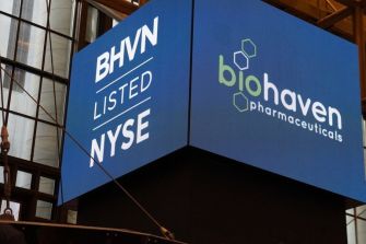 Digital display showcasing Biohaven Pharmaceuticals and its listing on the NYSE.