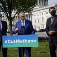 Senate Majority Leader Chuck Schumer speaking at a press conference advocating for methane emissions reduction, alongside other officials and a "#CutMethane" sign. Senate Majority Leader Chuck Schumer speaking at a press conference advocating for methane emissions reduction, alongside other officials and a "#CutMethane" sign.