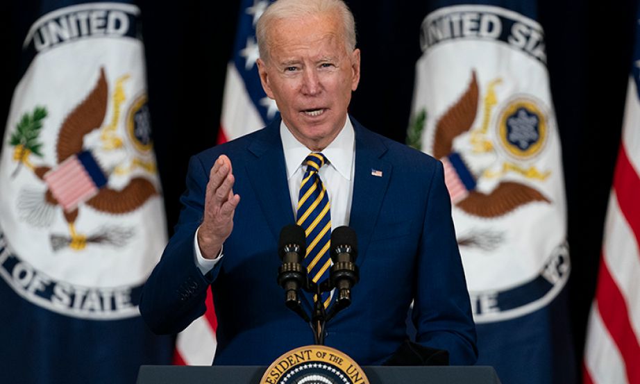 President Joe Biden delivers remarks to State Department staff, Thursday, Feb. 4, 2021, in Washington. (AP Photo/Evan Vucci via US Embassy)