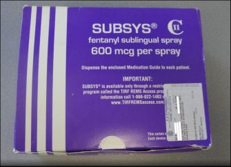 Box of Subsys fentanyl sublingual spray, highlighting its potency and medical use.