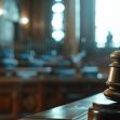 Gavel on a desk in a courtroom with blurred rows of seats in the background. Gavel on a desk in a courtroom with blurred rows of seats in the background.