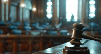 Gavel on a desk in a courtroom with blurred rows of seats in the background.
