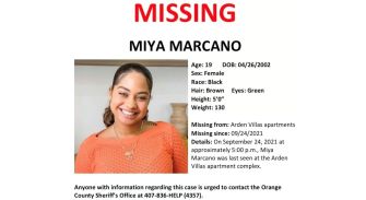Missing person poster for Miya Marcano, detailing her age, physical description, last seen location, and contact information for tips regarding her case.