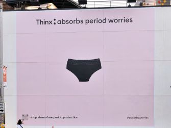 Advertisement for Thinx period underwear promoting stress-free period protection.