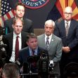 A group of Arizona Republican officials holds a press conference addressing concerns over the statewide election audit, surrounded by microphones and press cameras. A group of Arizona Republican officials holds a press conference addressing concerns over the statewide election audit, surrounded by microphones and press cameras.