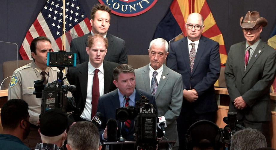 Maricopa County Supervisor Bill Gates, surrounded by other county elected officials, explains why he believes the results of the 2020 election were correct and everything else pushes "the Big Lie."