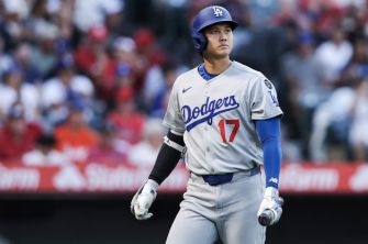 A baseball player wearing a Los Angeles Dodgers uniform, standing on the field during a game.