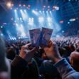 A person holding three event tickets in front of a large crowd at a concert venue. A person holding three event tickets in front of a large crowd at a concert venue.