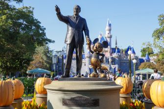 Statue of Walt Disney and Mickey Mouse at Disneyland, with Cinderella Castle in the background.