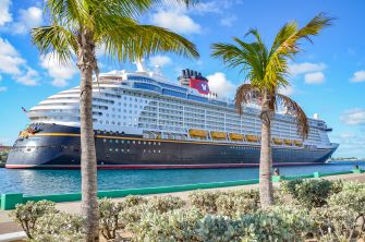 A Disney cruise ship docked near palm trees under a clear blue sky.