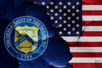 Graphic of the U.S. Department of the Treasury seal on a distressed American flag background.