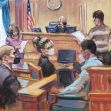 Courtroom sketch depicting legal proceedings related to the defamation trial involving Sarah Palin and The New York Times. Courtroom sketch depicting legal proceedings related to the defamation trial involving Sarah Palin and The New York Times.