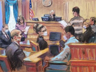 Courtroom sketch depicting legal proceedings related to the defamation trial involving Sarah Palin and The New York Times.