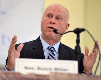Senator Butch Miller speaking at a press event about proposed voter access legislation in Georgia.